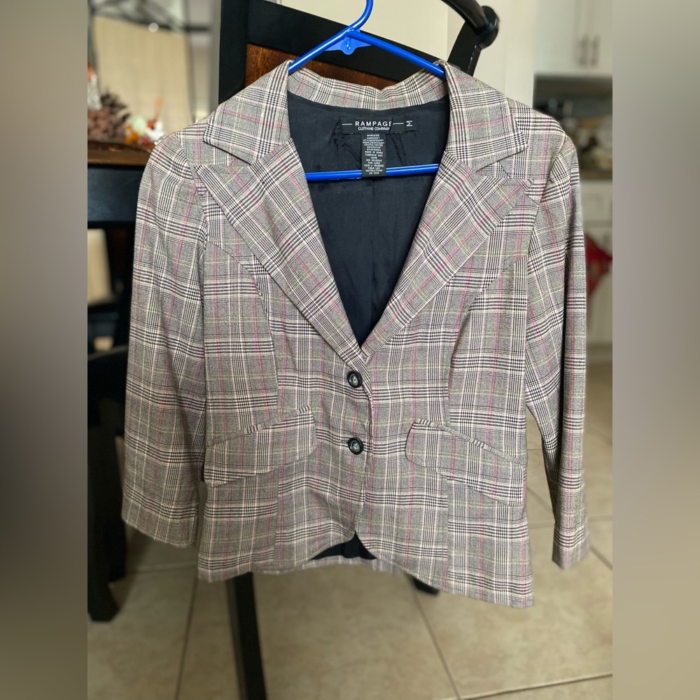 Vintage Y2K Rampage Plaid Lined Cropped Blazer 3/4 Sleeve Double Front Buttons M